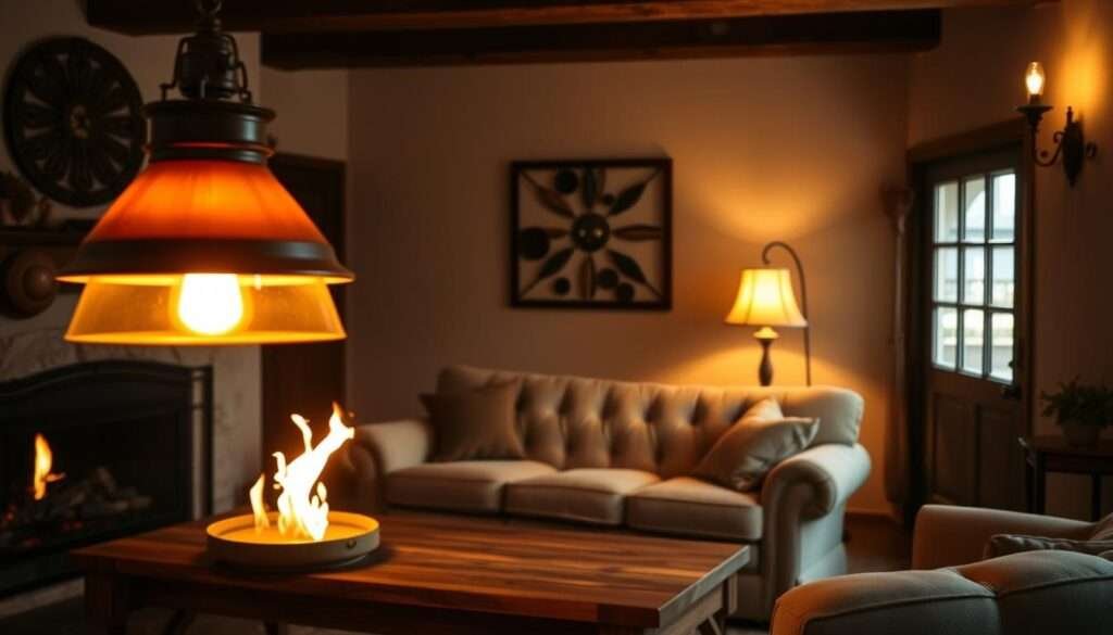 A cozy farmhouse living room bathed in warm, inviting lighting. In the foreground, a rustic pendant lamp casts a soft glow over a wooden coffee table, complemented by the flickering flames of a fireplace. In the middle ground, a pair of vintage-inspired floor lamps flank a plush, tufted sofa, their amber-hued shades creating a cozy ambiance. Along the walls, wrought-iron sconces with glass shades emit a gentle light, accentuating the room's natural textures and earthy color palette. The overall scene exudes a sense of comfort and timeless charm, perfect for a farmhouse-inspired living space.