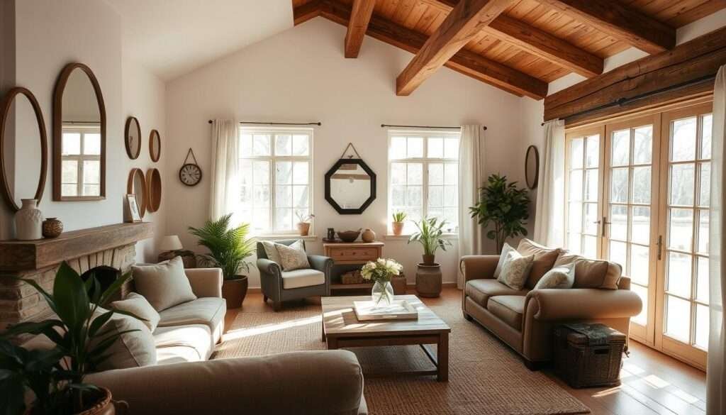 A cozy farmhouse living room bathed in warm natural light, with large windows that let in ample daylight. Soft, billowing linen curtains frame the glass panes, creating a breezy, airy atmosphere. A collection of mirrors on the walls reflect the natural light, adding depth and brightness to the space. Plush, neutral-toned furnishings, such as a weathered leather sofa and armchair, create a comfortable and inviting seating area. Rustic wooden beams overhead and a stone fireplace mantel lend a charming, countryside ambiance. Lush potted plants and a woven area rug complete the refined, yet relaxed aesthetic.