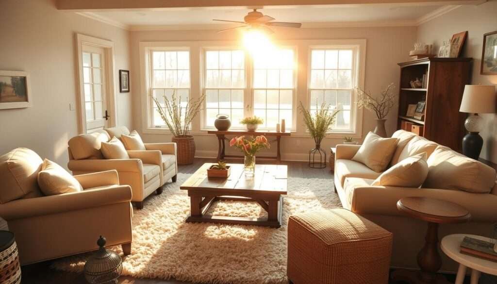 A cozy farmhouse living room bathed in warm, natural light. Soft, neutral-toned walls and plush, inviting furniture create a relaxing ambiance. A rustic wooden coffee table sits atop a plush, neutral-toned area rug, surrounded by comfortable armchairs and a loveseat. Thoughtful pops of color, such as throw pillows and artwork, add visual interest and depth. Large windows allow the golden sunlight to stream in, casting a gentle glow throughout the space. The overall mood is one of comfort, coziness, and understated elegance.