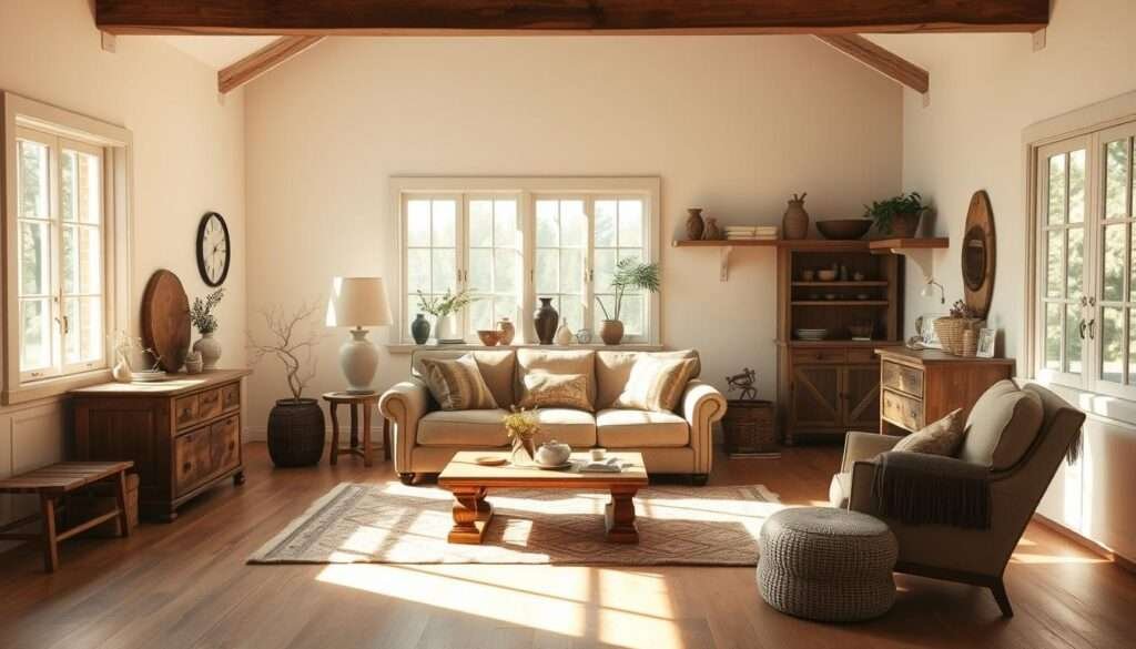 A cozy farmhouse living room bathed in warm, natural light. The walls are painted in a soft, neutral hue like creamy white or pale gray, creating an airy and inviting atmosphere. The room's centerpiece is a plush, overstuffed sofa upholstered in a subtle, muted pattern, complemented by rustic wooden accents and vintage-inspired décor. Sunlight streams in through large windows, casting a gentle glow and accentuating the room's charming, relaxed ambiance. The overall effect is one of timeless elegance and comfortable farmhouse style, perfectly suited to a space that feels open, bright, and expansive.