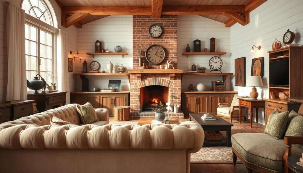 A cozy farmhouse living room, bathed in warm, natural lighting through large windows. In the foreground, a plush, tufted sofa in a neutral, earthy tone, complemented by rustic wooden coffee tables and end tables. A brick fireplace anchors the middle ground, its crackling flames casting a soft glow. Shelves adorned with vintage decor, from antique clocks to ceramic vases, line the walls. The background features exposed wooden beams, complemented by shiplap paneling and a worn, wooden floor. The overall atmosphere is one of refined, yet inviting farmhouse charm, perfect for a DIY living room upgrade.