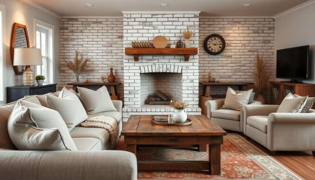 A cozy farmhouse living room, bathed in warm neutral tones. In the foreground, a soft, plush greige sofa with inviting textures, accentuated by natural linen throw pillows and a chunky knit blanket. The middle ground features a rustic wooden coffee table, complemented by a vintage-inspired area rug in earthy hues. Behind, a weathered whitewashed brick fireplace creates a focal point, its mantel decorated with simple, natural accents. Soft, diffused lighting casts a gentle glow, enhancing the room's serene and inviting atmosphere. The overall effect is one of understated elegance, where layers of warmth and depth blend seamlessly to capture the essence of farmhouse style.