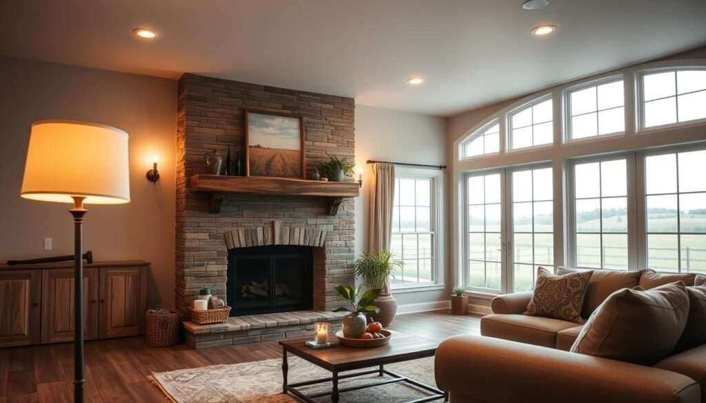 A cozy farmhouse living room bathed in warm, soft lighting. In the foreground, a central floor lamp casts a gentle glow over a plush area rug and coffee table. The middle ground showcases a pair of vintage-inspired wall sconces flanking a rustic fireplace mantel adorned with weathered wood beams. Recessed ceiling lights illuminate the space, creating a inviting ambiance. The background features large windows overlooking a serene pastoral scene, allowing natural daylight to filter in and complement the interior lighting. The overall atmosphere evokes a sense of charming, modern farmhouse style.