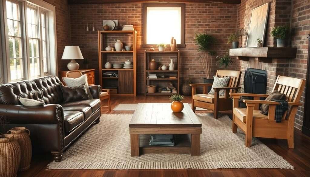 A cozy farmhouse living room filled with a mix of rustic and modern furniture pieces. In the foreground, a plush, tufted leather sofa and a pair of distressed, wooden armchairs arranged around a vintage, reclaimed wood coffee table. Soft, woven area rugs cover the hardwood floors. In the middle ground, a tall, wooden shelving unit displays an assortment of decorative vases, books, and potted plants. The window light streams in, casting a warm, golden glow throughout the space. In the background, a brick fireplace with a simple, wooden mantel completes the inviting, pastoral ambiance.