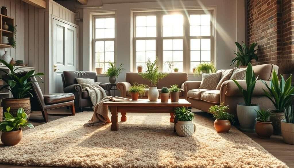 A cozy farmhouse living room filled with layers of warm textures and patterns. In the foreground, a plush, earthy-toned area rug with a subtle vintage-inspired design. Draped over a rustic wooden coffee table, a soft woven throw in complementary tones. Scattered around, potted greenery in ceramic planters adds pops of lush vegetation. The middle ground features a worn leather armchair and a loveseat upholstered in a textured neutral fabric. Beams of soft, natural lighting filter in through large windows, casting a golden glow across the scene. In the background, whitewashed wood paneling and exposed brick walls lend an aged, lived-in charm. This layered, harmonious arrangement evokes a sense of comfortable, timeless farmhouse style.