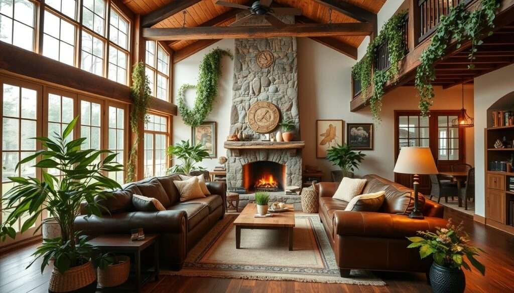 A cozy farmhouse living room, filled with natural light filtering through large windows. The focal point is a rustic stone fireplace, its warm glow casting a soft ambiance. Overstuffed leather sofas and armchairs invite visitors to sink in and relax, complemented by plush area rugs and wooden beams overhead. Lush potted plants and trailing vines add pops of verdant biophilia, creating a harmonious blend of rustic and modern elements. The room exudes a sense of tranquility, with a neutral color palette punctuated by earthy tones and textures. A wide-angle lens captures the inviting, intimate atmosphere, showcasing the perfect balance of comfort and style.