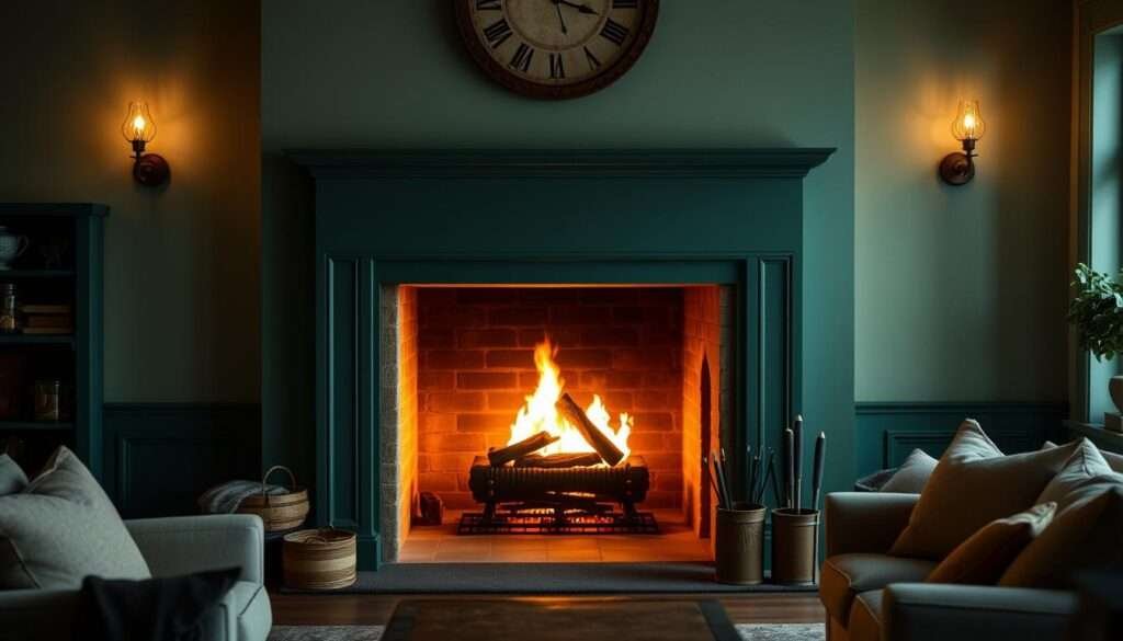 A cozy farmhouse living room with a deep green painted surround framing a warm, crackling fireplace. The fireplace is the focal point, bathed in a soft, golden glow from the flames. The paint on the surround has a rich, velvety texture, hugging the room in a comforting embrace. The lighting is a mix of ambient lighting from sconces and the fireplace, creating a intimate, inviting atmosphere. The scene is captured from a slightly elevated angle, allowing the viewer to take in the entire space and appreciate the harmonious color palette of deep greens, taupes, and natural wood tones.