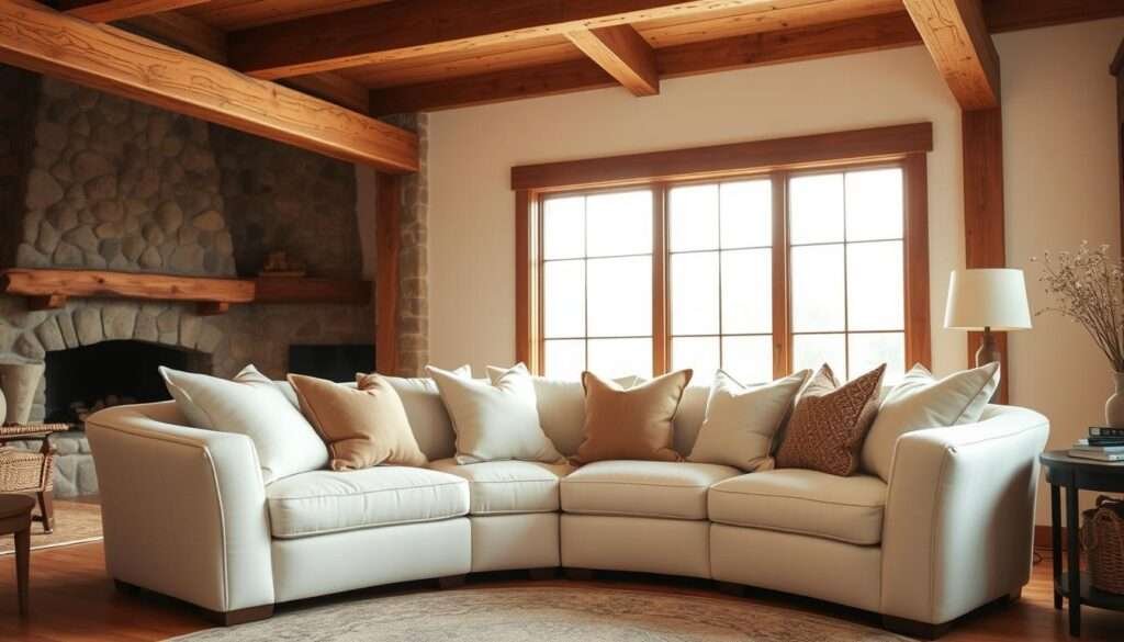 A cozy farmhouse living room with a graceful, curved sofa as the centerpiece. The sofa's soft, organic lines contrast beautifully with the rustic wood beams and stone fireplace in the background. Warm, diffuse lighting from a large window casts a gentle glow, creating an inviting and serene atmosphere. The sofa is upholstered in a soft, neutral fabric that complements the earthy tones of the room. Plush throw pillows in complementary hues add depth and texture. The overall aesthetic is one of modern farmhouse elegance, reflecting the evolving trends in furniture design.