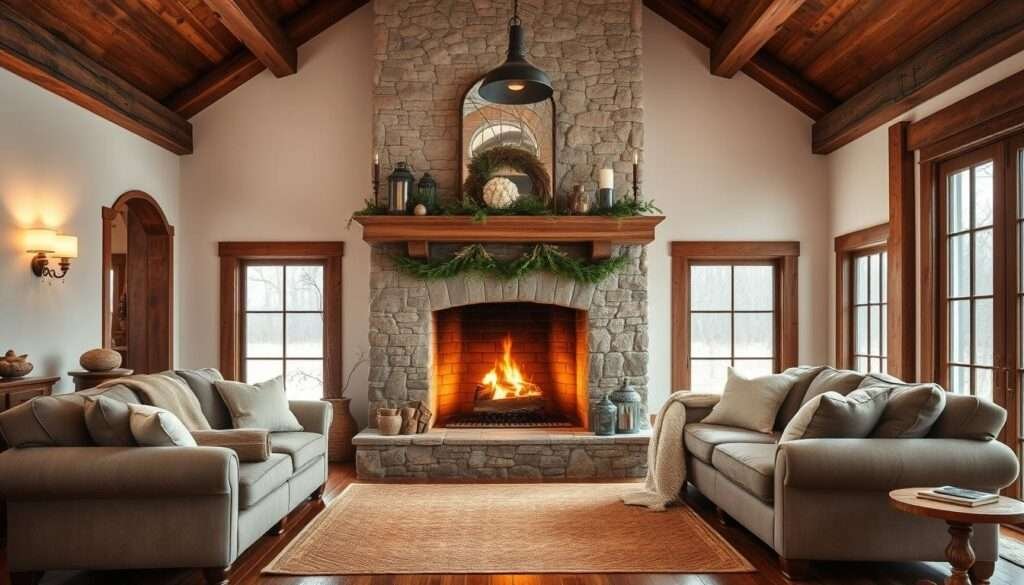 A cozy farmhouse living room with a large, rustic stone fireplace as the focal point. The fireplace features a mantel adorned with seasonal greenery and decorative accents. Warm, flickering flames cast a soft glow throughout the room, creating a inviting and serene ambiance. Plush, overstuffed furniture in muted, earthy tones surrounds the fireplace, encouraging guests to settle in and relax. Hardwood floors, exposed beams, and a woven area rug complete the charming, countryside aesthetic. Soft, diffused lighting from wall sconces and a pendant fixture overhead illuminates the space, while large windows allow natural light to pour in. The overall scene exudes a sense of comfort and tranquility, perfect for gathering around the fireplace on a chilly day.