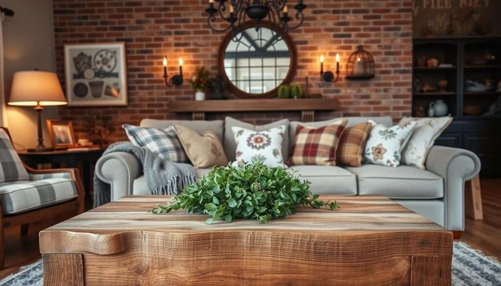 A cozy farmhouse living room with a rustic DIY aesthetic. In the foreground, an intricately handcrafted wooden coffee table adorned with a lush greenery centerpiece. The middle ground features a plush, overstuffed sofa with a textured throw blanket and an assortment of plaid and floral accent pillows. The background showcases a brick fireplace mantel accented with a large, distressed mirror and a collection of vintage-inspired wall sconces. Soft, warm lighting emanates from a wrought-iron chandelier, casting a gentle glow over the space. The overall atmosphere exudes a sense of homey comfort and effortless, high-end style on a budget.
