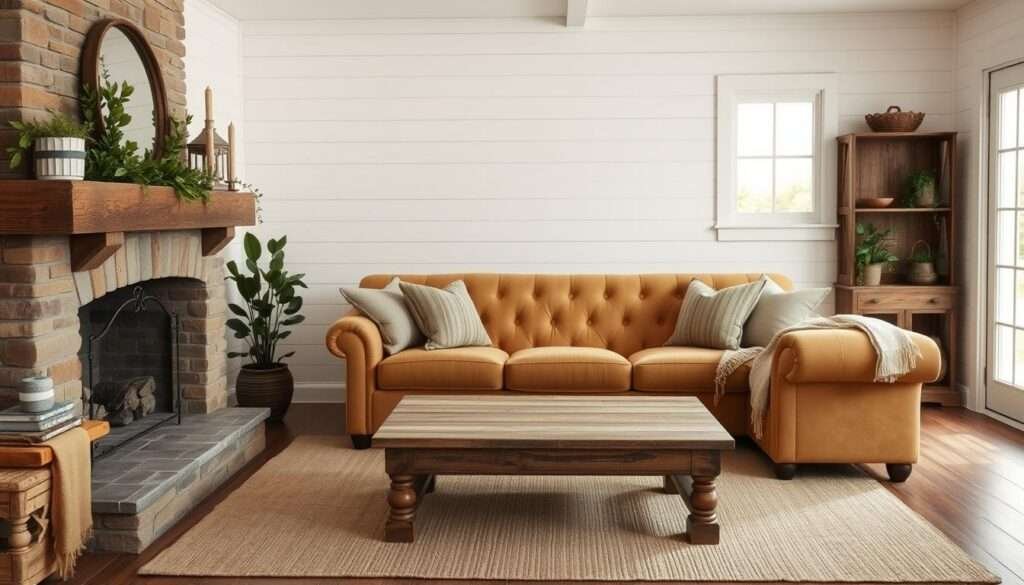 A cozy farmhouse living room with a warm and inviting color palette. In the foreground, a rustic stone fireplace mantel adorned with natural greenery and distressed wooden accents. Beside it, a plush, tufted sofa in a soft, earthy tone, complemented by vintage-inspired throw pillows in complementary hues. In the middle ground, a wooden coffee table with a distressed finish, surrounded by a neutral-toned rug that anchors the space. The background features whitewashed shiplap walls, allowing the natural light to flood the room and create a sense of airiness and brightness. The overall atmosphere is one of calm, comfort, and a harmonious blend of rustic and modern elements.