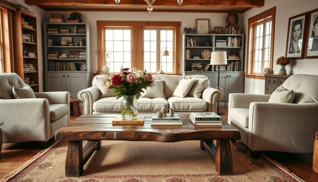 A cozy farmhouse living room with a warm, inviting atmosphere. In the foreground, a rustic wooden coffee table adorned with a vase of fresh flowers and a stack of vintage-inspired books. Surrounding it, a plush linen sofa and two matching armchairs upholstered in a neutral, earthy tone. The middle ground features a woven area rug in an intricate pattern, anchoring the space. Bookshelves line the walls, filled with eclectic trinkets and framed artwork. Soft, natural lighting filters in through large windows, casting a gentle glow throughout the room. The overall aesthetic is a harmonious blend of modern farmhouse and timeless charm.