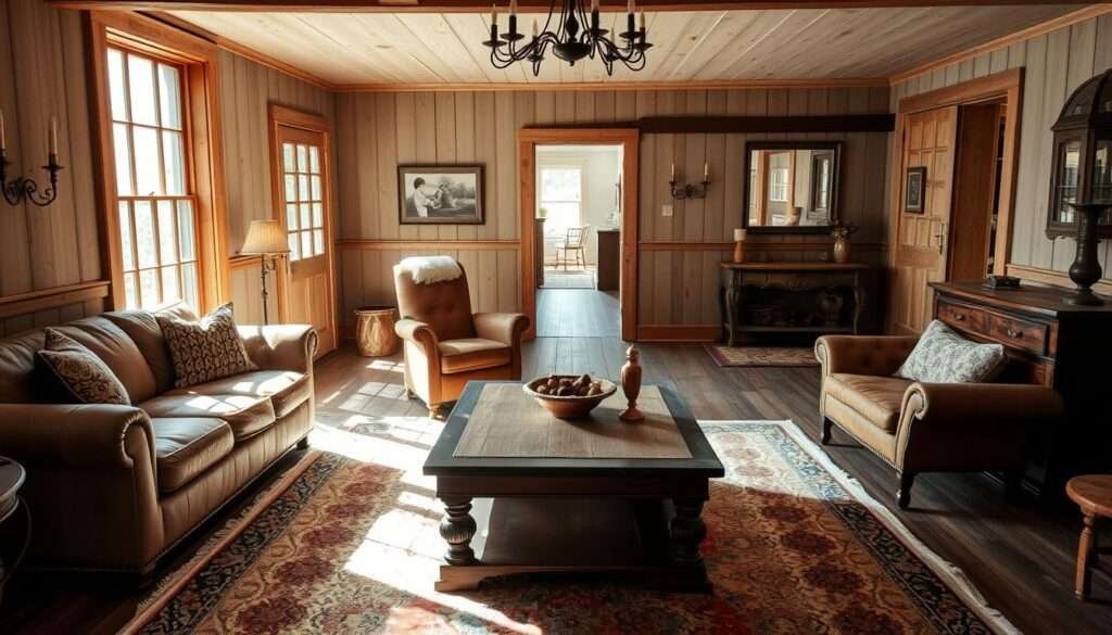 A cozy farmhouse living room with a well-defined traffic flow. In the foreground, a plush area rug delineates a conversation area with a weathered leather sofa and two worn armchairs. Midground, an ornate antique wooden coffee table anchors the space. Sunlight streams through large, multi-paned windows, casting a warm glow on the room. In the background, a subtle pathway leads past a sturdy wood-and-metal console table towards an open doorway, hinting at the rooms beyond. Vintage wall sconces and a rustic chandelier provide a soft, ambient light, fostering a relaxed, inviting atmosphere.