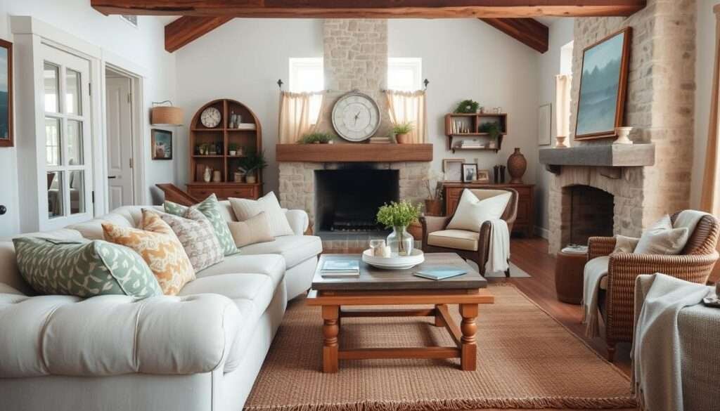 A cozy farmhouse living room with an abundance of warm, inviting textiles. A plush, tufted sofa in a soft neutral tone sits in the foreground, accented by an array of patterned throw pillows in muted hues of sage, ochre, and ivory. In the middle ground, a rustic wooden coffee table is topped with a hand-woven natural fiber rug, its earthy tones complementing the textured linen curtains that frame the window. The background features exposed wooden beams, whitewashed walls, and a stone fireplace, bathed in the gentle glow of soft, diffused lighting, creating a serene, comforting atmosphere.