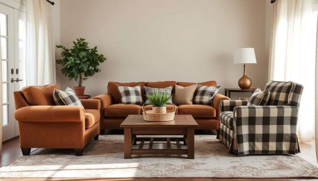 A cozy farmhouse living room with plush textiles that warm the space without overwhelming. In the foreground, a soft, tufted sofa in a rich, earthy tone, complemented by a pair of inviting armchairs covered in a subtle checkered pattern. Layered atop a distressed, vintage-inspired area rug, the textiles create a harmonious and welcoming ambiance. In the middle ground, a wooden coffee table anchors the seating arrangement, its surface adorned with natural accents like a woven basket and a potted plant. Sheer curtains framing the windows allow soft, diffused light to filter in, casting a gentle glow throughout the room. The overall mood is one of comfort, coziness, and a refined rustic aesthetic.