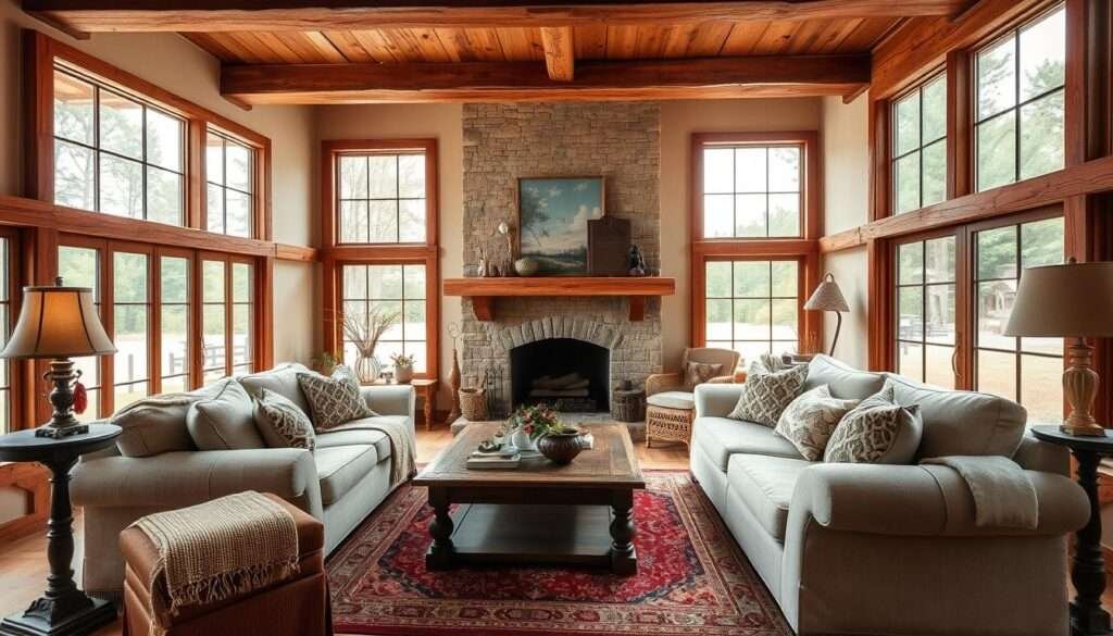 A cozy farmhouse living room with warm, earthy tones, flooded with natural light from large windows overlooking a lush, verdant landscape. Rustic wood beams and a stone fireplace anchor the space, complemented by plush, overstuffed seating in neutral hues and a vintage Persian rug. Layered textiles, such as soft throws and pillows, add depth and texture. Antique accent pieces, like a weathered side table and a quirky vintage lamp, lend character. The room has an inviting, lived-in atmosphere, radiating a sense of comfort and timeless elegance, ready to be refreshed for the future.
