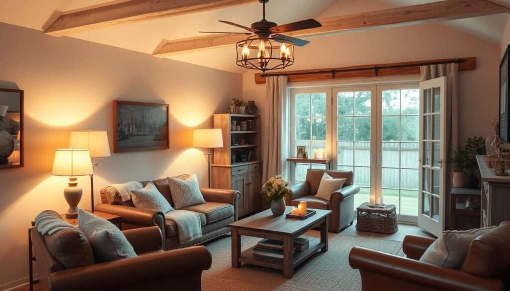 A cozy farmhouse living room with warm, inviting lighting. Soft neutral tones, distressed wood furnishings, and plush textiles create a rustic yet elegant ambiance. A large window floods the space with natural light, casting a gentle glow on the room. A mix of table lamps, floor lamps, and candles provide a soothing, intimate illumination, highlighting the room's charming decor. Leather armchairs, a woven area rug, and a farmhouse-style coffee table complete the inviting scene. The overall atmosphere evokes a sense of comfort and relaxation, perfect for enjoying quality time in a well-designed, light-filled living space.