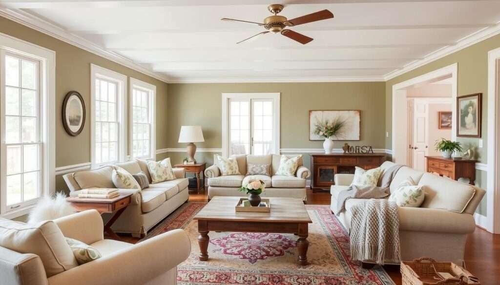 A cozy farmhouse living room with warm, inviting paint colors. A spacious room with large windows letting in natural light, revealing a plush, overstuffed sofa and armchair in neutral tones. Decorative elements like a rustic wood coffee table, antique side table, and a vintage area rug create a charming, homely atmosphere. The walls are painted in a soft, muted shade of sage green, complemented by white trim and ceiling. Subtle pops of color come from floral throw pillows and a knitted blanket. The overall mood is relaxed, comfortable, and exuding a sense of timeless farmhouse style.