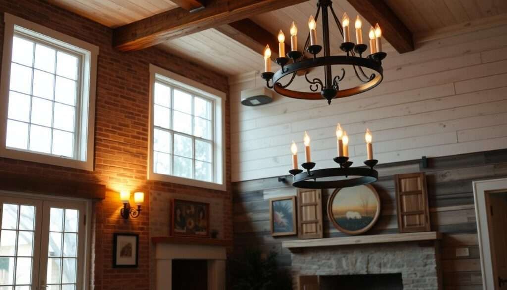 A cozy farmhouse living room with warm, layered lighting illuminating the textured walls. Soft, glowing wall sconces cast a gentle ambiance, while a large window floods the space with natural light. Overhead, a rustic chandelier hangs, its candle-like bulbs flickering softly. The walls feature a mix of exposed brick, weathered wood paneling, and shiplap, creating depth and character. The lighting is designed to accentuate these unique textures, casting dynamic shadows and highlights that bring the room to life.