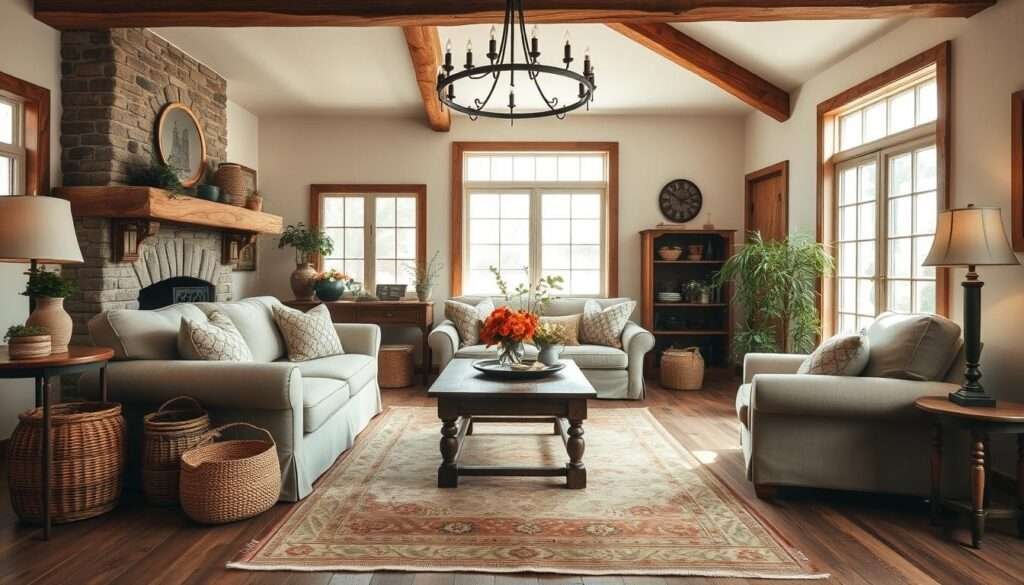 A cozy farmhouse living room with warm, natural lighting streaming through large windows. Featuring a plush, overstuffed sofa and armchair in a neutral linen fabric, accented by rustic wood beams, a stone fireplace, and a vintage area rug with earthy tones. Accessories like woven baskets, potted plants, and a weathered wooden coffee table create a timeless, lived-in ambiance. Soft, diffused illumination from a wrought-iron chandelier casts a gentle glow, while the overall composition has a balanced, symmetrical layout that exudes a sense of enduring comfort and simplicity.