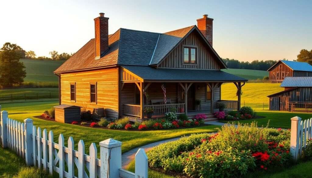 A cozy farmhouse nestled amidst lush green fields, bathed in the warm glow of the setting sun. The weathered wooden exterior, adorned with a charming wrap-around porch, exudes a timeless elegance. Tall, whitewashed chimneys punctuate the rustic roofline, while a picket fence meanders through the foreground, guiding the viewer's eye towards the inviting entryway. In the middle ground, a well-tended vegetable garden bursts with vibrant colors, complemented by a quaint shed and a weathered barn in the distance. The overall scene radiates a sense of tranquility and nostalgia, perfectly capturing the essence of the traditional farmhouse style.