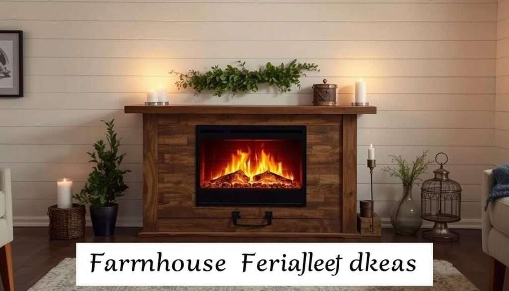 A cozy farmhouse-style electric fireplace stand with a rustic wooden frame and a sleek, modern electric insert. The fireplace is set against a shiplap wall, casting a warm, inviting glow throughout the room. Soft, diffused lighting illuminates the scene, creating a relaxing and atmospheric ambiance. The fireplace is flanked by decorative elements like greenery, candles, and vintage-inspired accents, seamlessly blending modern functionality with a timeless, farmhouse aesthetic. The overall composition evokes a sense of comfort and effortless style, perfectly suited for the "Farmhouse Fireplace Ideas" article.