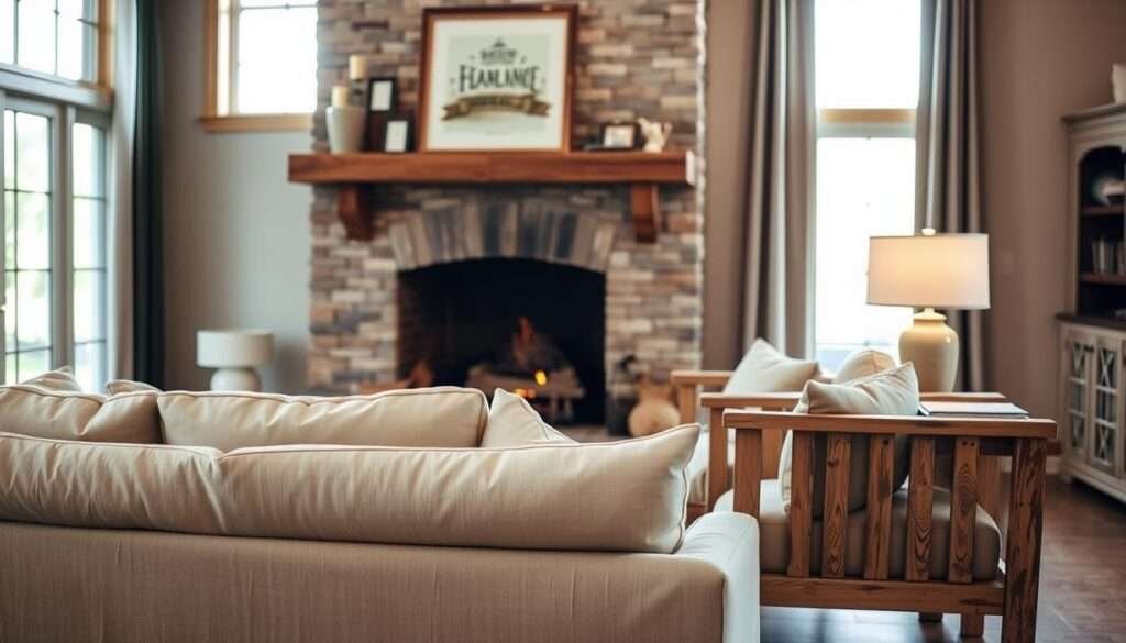 A cozy farmhouse-style fireplace in a warm, inviting living room. The fireplace has a rustic stone or brick surround, with a simple wooden mantel displaying a few decorative items. In the foreground, a slipcovered sofa in a soft, neutral shade provides comfortable seating, flanked by a pair of farmhouse-inspired accent chairs with distressed wood frames and neutral-toned upholstery. Soft, diffused lighting from a nearby table lamp creates a gentle glow, while natural light filters in through large windows, casting a serene, peaceful atmosphere. The overall scene evokes a sense of relaxation and domestic tranquility.