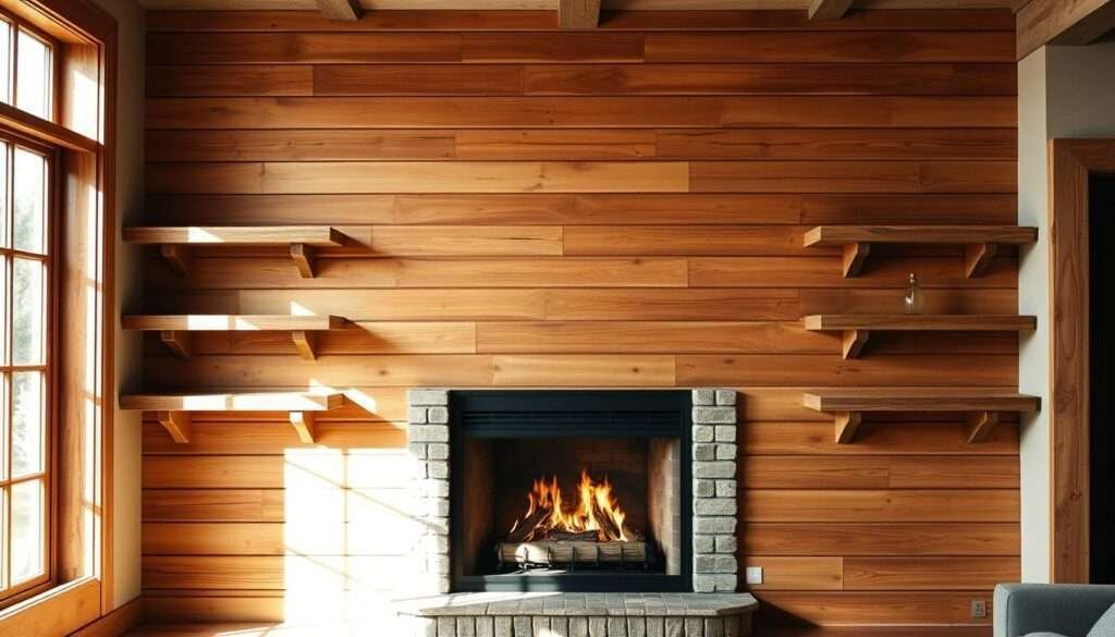 A cozy farmhouse-style fireplace wall, adorned with warm-toned shiplap panels that create a rustic, inviting ambiance. The fireplace is flanked by simple, distressed wood shelves, casting a soft, golden glow from the flickering flames within. Natural light streams in through large windows, casting gentle shadows and highlighting the texture of the weathered wood. The overall scene evokes a sense of comfort and relaxation, perfect for a cozy evening by the fire.
