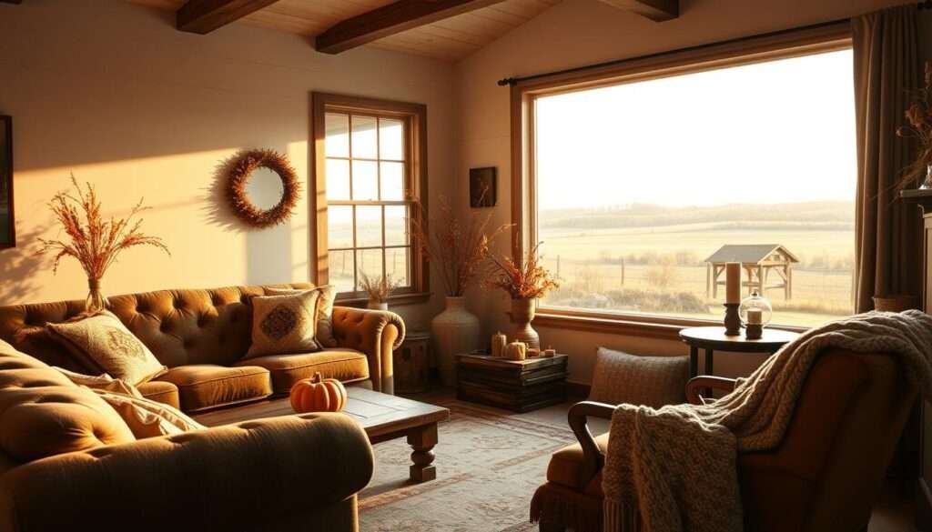 A cozy farmhouse-style living room in the fall, bathed in warm, golden lighting from a large window overlooking a scenic countryside. Plush, textured furniture in muted earth tones - a tufted sofa, an armchair with decorative throw pillows, a chunky knit blanket draped over the back. Rustic wood accents, like a coffee table and end tables, complemented by a vintage-inspired area rug. Seasonal decor elements like dried flower arrangements, a pumpkin, and a few festive candles create a welcoming, autumnal ambiance. The room is framed by a wide-angle lens, capturing the charming, lived-in atmosphere of this serene, farmhouse-inspired space.