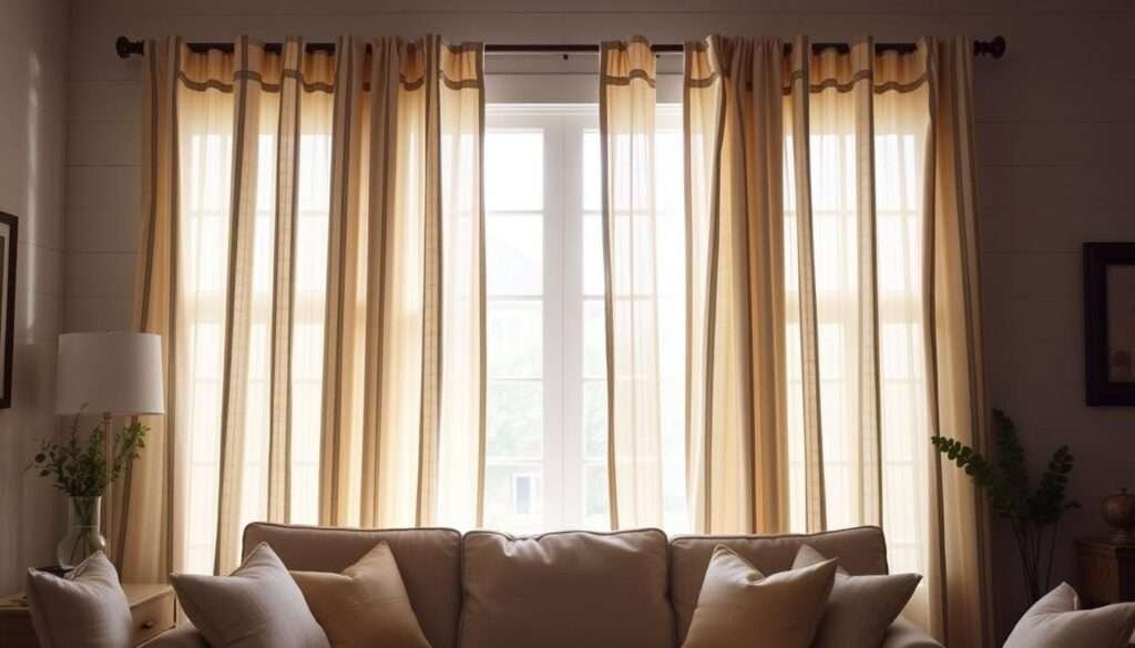 A cozy farmhouse-style living room with large, airy curtains framing the windows. The curtains are made of a soft, natural linen material, with a subtle striped pattern that adds visual interest. The curtains are drawn back slightly, allowing natural light to filter in, creating a warm and inviting atmosphere. The curtains have a slight ruffle at the top, adding a touch of country charm. The lighting is soft and diffused, creating a gentle glow throughout the space. The curtains are hung on simple, rustic curtain rods that complement the overall farmhouse aesthetic. The scene evokes a sense of comfort and relaxation, perfectly suited for the "Curtains, Colors, and Character at the Windows" section of the article.