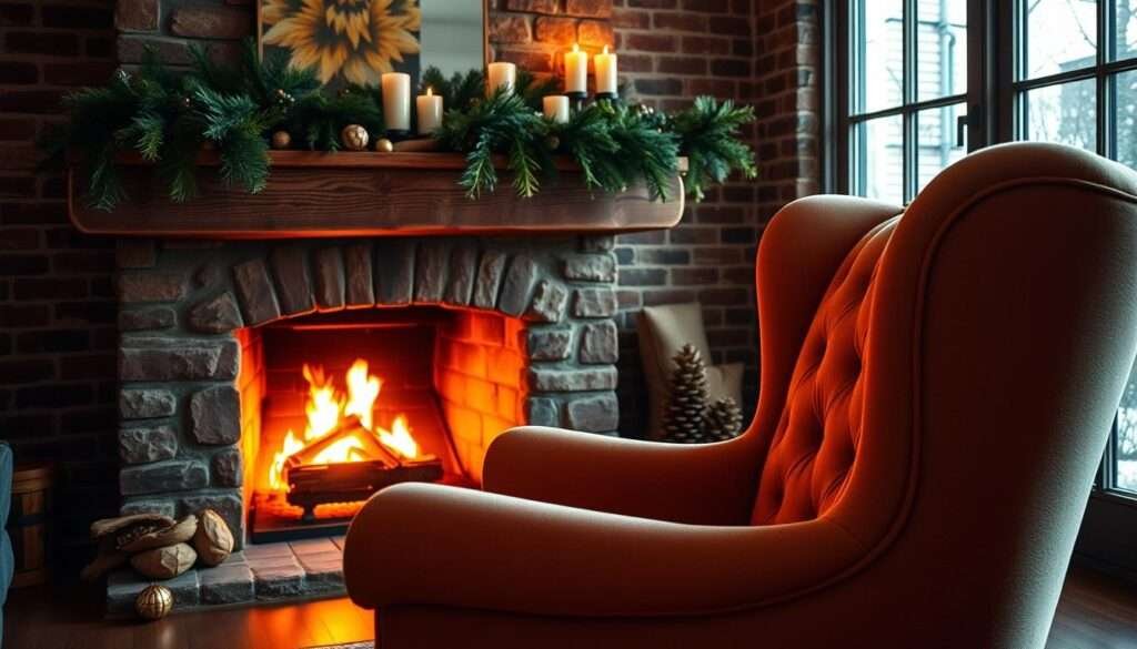 A cozy fireplace with a crackling fire, bathed in warm, golden light. In the foreground, a plush, tufted armchair facing the flames, inviting the viewer to sink in and savor the moment. The middle ground features a rustic wooden mantle adorned with an artful arrangement of candles, pinecones, and a lush evergreen garland. In the background, a wall of exposed brick lends a timeless, textural quality, while large windows allow natural light to stream in, casting a soft, diffused glow throughout the space. An overall atmosphere of tranquility, comfort, and hygge.