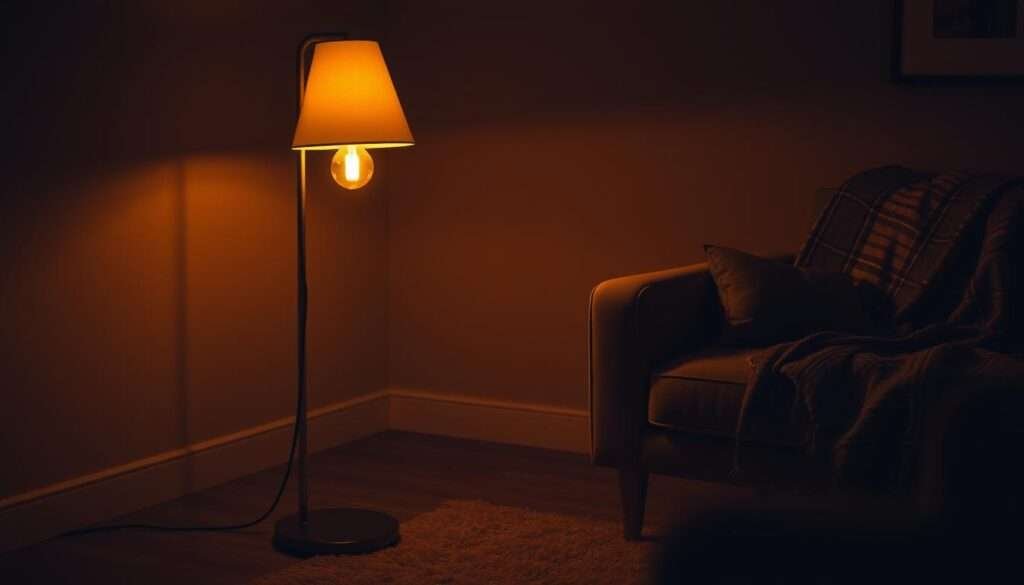 A cozy floor lamp with a warm, glowing bulb that casts a soft, inviting light across a dimly lit corner of a living room. The lamp has a sleek, minimalist design with a sturdy, metallic base and an elegant, tapered shade that diffuses the light to create a soothing ambiance. The lamp is positioned in a way that highlights the textures and colors of the surrounding decor, such as a plush area rug, a comfortable armchair, and a cozy throw blanket, enhancing the overall sense of coziness and relaxation. The lighting is subtle and atmospheric, creating a welcoming and intimate atmosphere that invites the viewer to curl up and unwind.