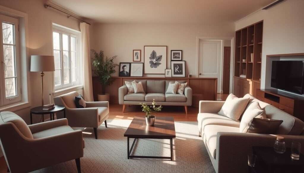 A cozy, intimate living room with a floating sofa arrangement and clear pathways. The space is bathed in warm, natural light from large windows, casting a soft glow on the neutral-toned furniture and plush, textured furnishings. In the foreground, a low coffee table and a pair of armchairs create a conversational seating area, while a small side table and a decorative plant add visual interest. The middle ground features a floating sofa, its position allowing for easy movement around the room. The background showcases built-in shelving displaying artful decor and personal touches. The overall atmosphere is one of relaxation, comfort, and thoughtful design.
