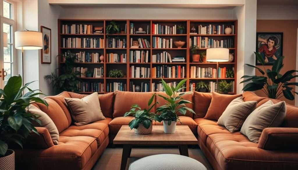 A cozy, intimate living room with a warm, inviting atmosphere. The focal point is a plush, oversized sofa in a rich, earthy tone, accented with soft, textured throw pillows. In the middle ground, a low, wooden coffee table is surrounded by lush, potted plants, creating a natural, biophilic ambiance. The background features a wall of bookshelves, providing a sense of depth and intellectual curiosity. Soft, diffused lighting from a pair of floor lamps casts a gentle glow, creating a sense of coziness and relaxation. The overall composition emphasizes comfort, harmony, and a connection with nature, reflecting the principles of biophilic design.