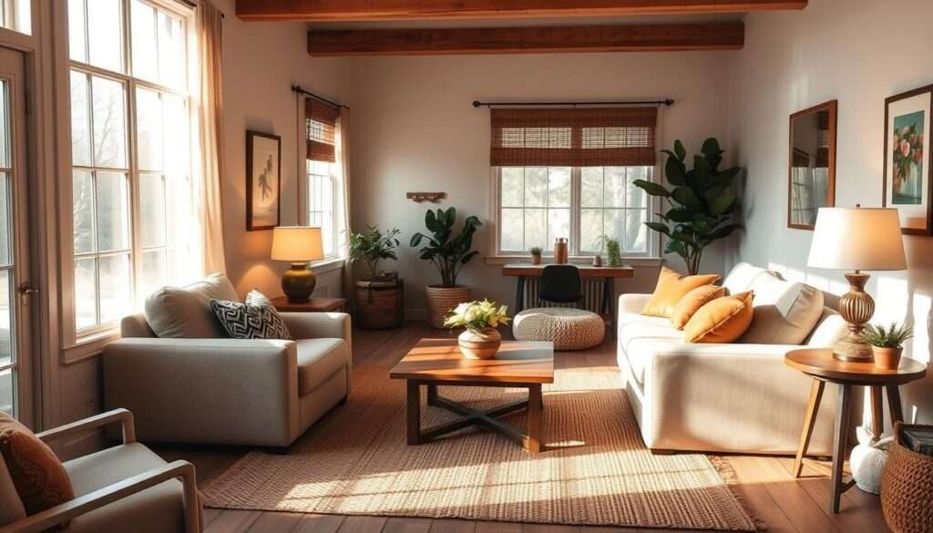 A cozy, intimate living room with a warm, inviting atmosphere. The space is filled with soft, natural light filtering through large windows, casting a gentle glow on the plush, oversized armchair and loveseat arranged around a low, wooden coffee table. In the corners, lamps with soft, ambient lighting add to the cozy ambiance. The room is accented with earthy tones, natural textures like woven rugs and wooden accents, and personal touches like framed artwork and potted plants, creating a harmonious, welcoming environment. The layout is simple yet functional, optimizing the space to feel airy and open despite the small footprint.