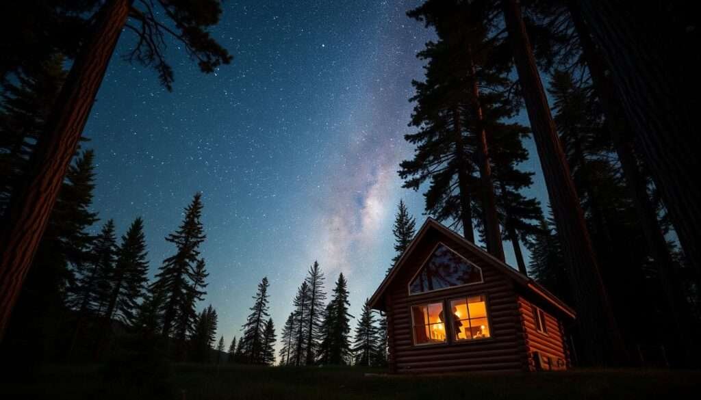 A cozy, intimate space against a backdrop of the vast, serene cosmos. A small cabin nestled among ancient trees, its warm, wooden facade bathed in the soft glow of natural light. Vertical lines of towering pines and a play of scale with the diminutive structure create a striking contrast. The cabin's windows reflect the ever-changing dance of stars and galaxies, a captivating interplay of the earthly and the celestial. Muted tones of greens and browns in the foreground seamlessly blend with the deep blues and purples of the night sky. A tranquil, enchanting scene that draws the eye upward, inspiring wonder and a sense of peaceful connection to the greater universe.