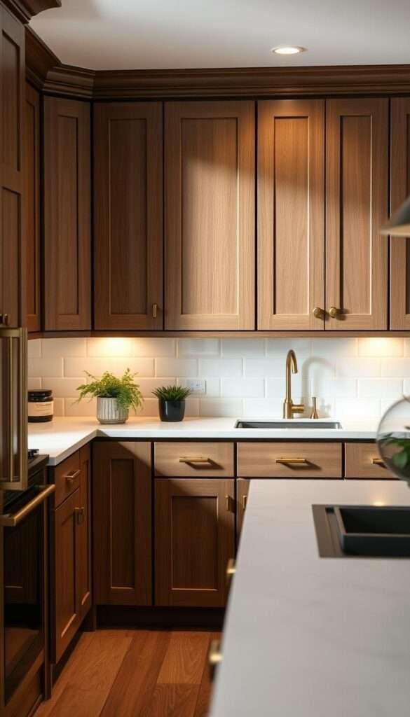 A cozy, inviting kitchen interior with dark beige shaker-style cabinets featuring a subtle yet elegant unlacquered brass hardware. The cabinets are illuminated by soft, warm lighting from above, casting a gentle glow on the natural wood tones. The countertops are a complementary light stone or quartz material, providing a harmonious contrast. The overall atmosphere is one of refined simplicity, reflecting the 2025 autumn kitchen trend of embracing deeper, earthy neutrals. Hints of greenery, perhaps in the form of potted plants, add a touch of liveliness to the scene. The camera angle captures the kitchen from a slightly elevated perspective, allowing the viewer to take in the entire space and appreciate the thoughtful design.