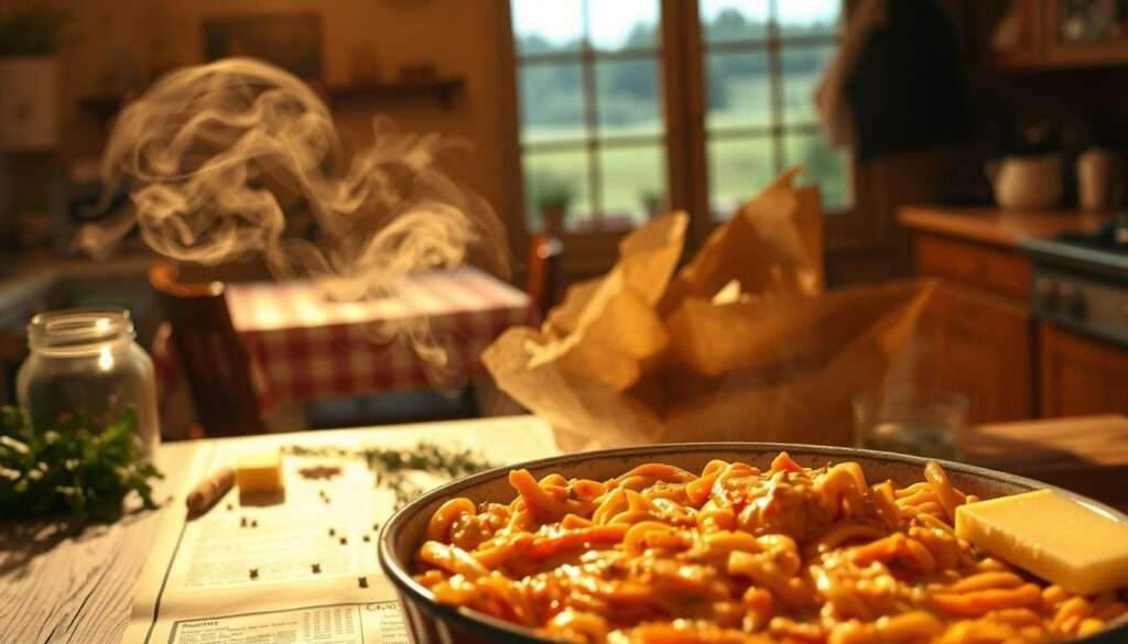 A cozy, inviting kitchen scene bathed in warm, soft lighting. In the foreground, a steaming casserole dish filled with rich, creamy chicken spaghetti, the aroma wafting through the air. Surrounding it, a smattering of fresh herbs, spices, and a pat of butter, hinting at the delectable flavors within. In the middle ground, a wooden table with a simple, country-style checkered tablecloth, setting the stage for a comforting, homemade meal. In the background, a window overlooking a serene, pastoral landscape, adding to the sense of tranquility and contentment. The overall atmosphere radiates a feeling of welcoming, comfort, and satisfaction, inviting the viewer to indulge in this irresistible, spicy southern chicken spaghetti casserole.