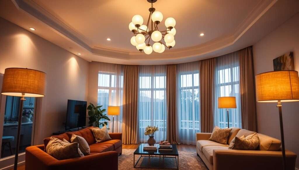 A cozy, inviting living room bathed in a warm, layered glow. Soft ambient lighting from a statement chandelier with round glass shades, casting a gentle radiance across the space. Recessed downlights illuminate the seating area, highlighting plush velvet sofas and a textured area rug. In the corners, floor lamps with beige linen shades provide a subtle, diffused light, creating a welcoming atmosphere. Tall windows let in natural daylight, filtered through sheer curtains, blending seamlessly with the artificial illumination. The overall effect is a harmonious, enveloping luminance, perfect for relaxing and entertaining.
