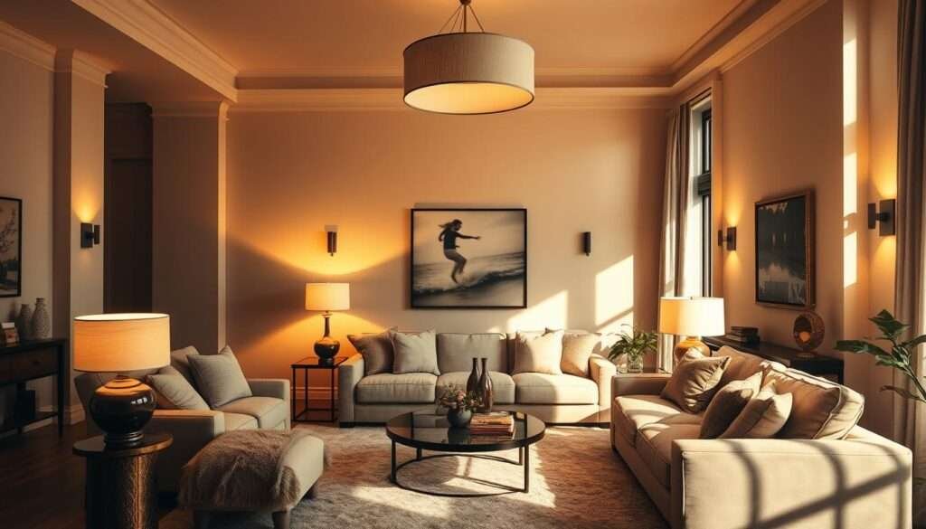 A cozy, inviting living room bathed in warm, ambient lighting. Soft, diffused rays emanate from strategically placed floor lamps, sconces, and a statement pendant fixture overhead. The light creates a gentle, golden glow that softens the edges of the space, making it feel intimate and welcoming. Shadows dance on the walls, adding depth and character. The lighting is thoughtfully designed to create pockets of illumination that draw the eye, highlighting plush furnishings and decorative accents. This carefully curated lighting scheme transforms a large, cavernous room into a comfortable, enveloping haven.