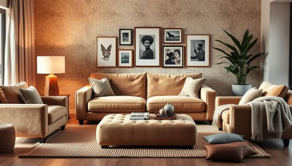 A cozy, inviting living room mood board depicting a warm, intimate space. In the foreground, a plush, oversized sofa in a rich, velvety texture sits centered, complemented by a pair of equally comfortable armchairs. A large, tufted ottoman serves as the coffee table, topped with stacks of books and a decorative tray. Warm, ambient lighting from a statement floor lamp casts a gentle glow, while a large, woven area rug grounds the seating arrangement. In the background, a textured, neutral-toned wall provides a soothing backdrop, accented by a curated gallery wall of framed artwork and photographs. Lush, potted plants and tactile throw blankets add final touches of coziness and intention.