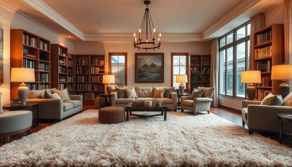 A cozy, inviting living room with a large, plush area rug that visually expands the space. Warm, soft lighting from floor lamps and a central chandelier creates a welcoming atmosphere. Neutral-toned furniture, including a comfortable sofa and armchairs, are arranged around a low coffee table. Decorative pillows and throws in earthy tones add texture and coziness. Bookshelves line the walls, filled with an array of volumes. A large window allows natural light to flood the room, making it feel brighter and more spacious. The overall scene conveys a sense of relaxation and easy living.
