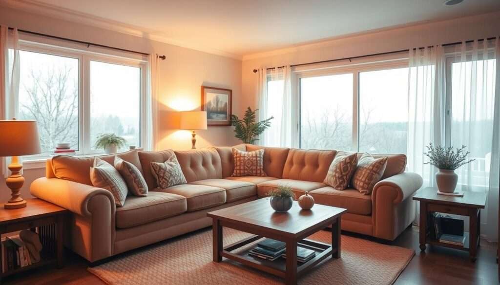 A cozy, inviting living room with a plush, L-shaped sofa as the focal point. The sofa has soft, tufted upholstery in a warm, neutral color, complemented by decorative throw pillows. Warm lighting casts a gentle glow, creating a serene and relaxing ambiance. The sofa is positioned in front of a large, picture window, allowing natural light to filter in and illuminate the space. The room is accented with wooden accents, such as a coffee table and side tables, adding a touch of rustic charm. The overall scene conveys a sense of comfort and homeliness, perfect for a family gathering or a quiet moment of relaxation.