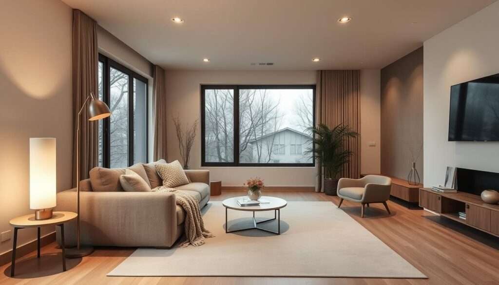 A cozy, inviting living room with a timeless, minimalist aesthetic. A neutral color palette of beige, gray, and white, with natural wood accents. Plush, textured furnishings like a linen sofa and a chunky knit throw create a warm, tactile atmosphere. Subtle, ambient lighting from a sleek floor lamp and recessed ceiling fixtures casts a soft glow, highlighting the clean lines and uncluttered space. Large windows offer a serene, nature-inspired view, blending the indoors and outdoors. An elegant, understated area rug grounds the composition, complementing the overall tranquil and refined sensibility.