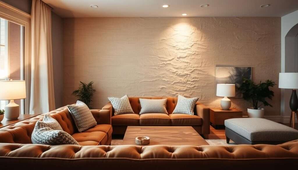 A cozy, inviting living room with a warm, textured wall. The foreground features a plush, tufted sofa in a rich, earthy tone, complemented by soft, woven throw pillows. The middle ground showcases a natural wood coffee table, its grain and knots adding depth and character. In the background, the textured wall is a harmonious blend of neutral hues, with subtle variations that create a soothing, tactile atmosphere. Gentle, diffused lighting from recessed fixtures and table lamps casts a gentle glow, fostering a sense of comfort and relaxation. The overall scene conveys a welcoming, lived-in ambiance, perfect for setting the mood and sparking inspiration for a cozy living room makeover.