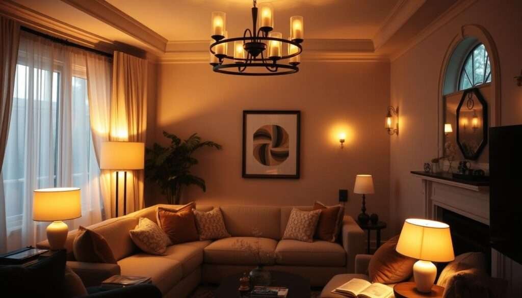 A cozy, inviting living room with layered lighting to create depth and ambiance. The room features a plush, oversized sofa bathed in warm, soft light from a large, modern chandelier overhead. Ambient floor lamps and table lamps add gentle illumination to the corners, while focused task lighting highlights a reading nook by the window. Decorative wall sconces cast a delicate, golden glow, complementing the natural light streaming in. The overall atmosphere is one of comfort and relaxation, perfect for an intimate gathering or quiet evening at home.
