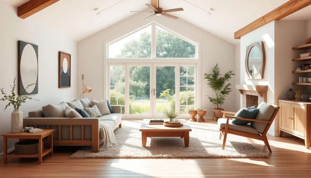 A cozy, inviting modern farmhouse living room, bathed in warm, natural light. Soft white walls, wood beams, and a plush area rug define the space. Rustic wood furniture, including a mid-century inspired sofa and armchair, create a harmonious blend of old and new. Pops of muted greens, blues, and browns in accent pillows and throws complement the neutral palette. A large window offers a view of a lush, verdant landscape. Sunlight streams in, illuminating the room and casting gentle shadows. The overall atmosphere is one of tranquility, comfort, and a touch of country charm.