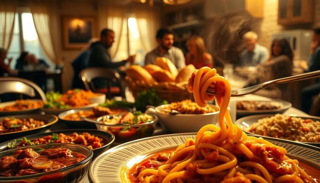 A cozy kitchen bathed in warm, golden light, a table set with a variety of mouthwatering dishes - hearty stews, crisp salads, and fragrant rice dishes. In the foreground, a steaming plate of pasta twirls around a fork, the sauce glistening. In the middle ground, a basket overflows with fresh bread, its crust a deep amber. In the background, the dim silhouettes of family members gather, their laughter and conversation filling the air with a sense of comfort and belonging. The scene is a testament to the simple pleasures of a nourishing, home-cooked meal shared with loved ones.