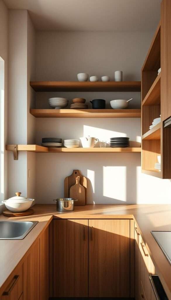 A cozy kitchen corner showcases warm wood shelves, meticulously crafted to wrap seamlessly around the space. Soft, natural lighting filters through the shelves, casting a gentle glow on the carefully curated kitchenware displayed. The shelves' clean lines and minimalist design create a harmonious flow, seamlessly integrating the kitchen's functional zones. Subtle shadows add depth and dimensionality, while the wood's rich tones bring a touch of rustic elegance to the scene. The shelves' strategic placement invites the eye to explore the kitchen's architecture, highlighting the clever use of available space. An understated yet sophisticated composition, capturing the essence of open shelving's transformative potential in a small kitchen.