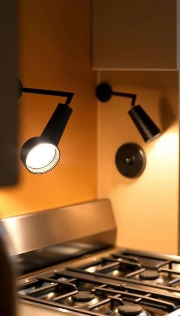 A cozy kitchen corner with a pair of sleek black adjustable wall sconces, their focused beams illuminating the stovetop below. The sconces are mounted on a warm-toned wall, casting a soft, ambient glow that adds depth and character to the space. The stove's metal surfaces gleam, creating a sense of functionality and culinary potential. The scene is framed by a slight Dutch angle, lending an artistic, editorial flair. Overall, the image conveys a welcoming, well-lit atmosphere, perfect for the "4. Use Wall Sconces to Add Depth and Character" section of the article.